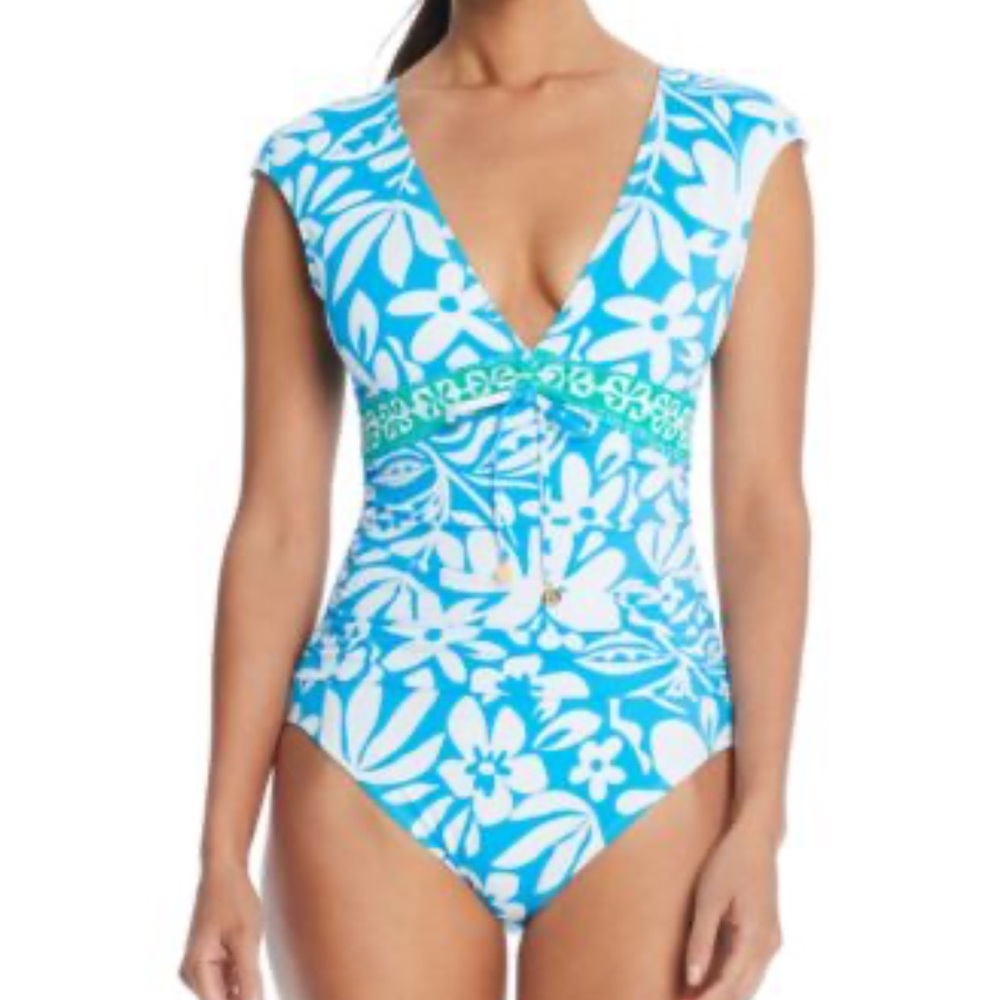 NWT Bleu Rod Beattie Blue and White Floral One Piece Swimsuit